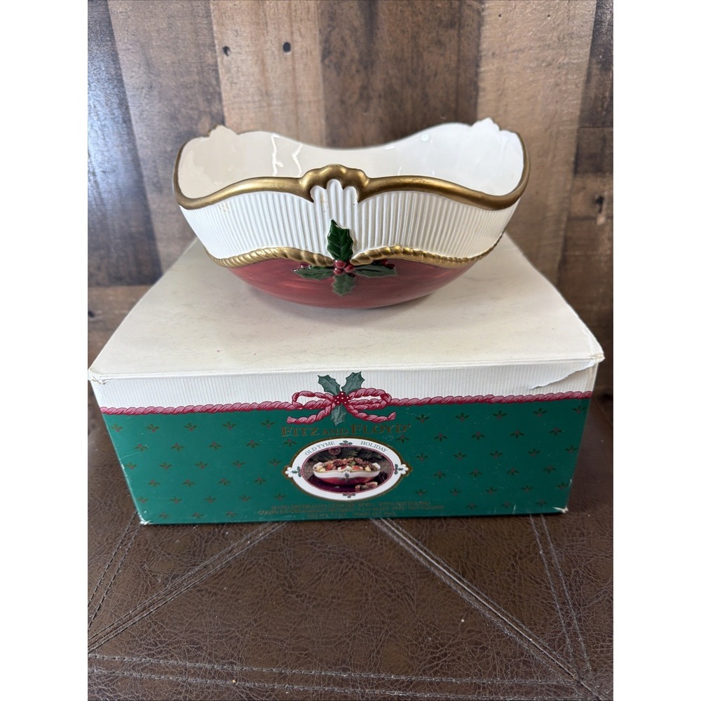 VTG 1989 Fitz Floyd Old Tyme Holiday Ceramic Bowl Ribbed Red Gold Flawed w/ Box
